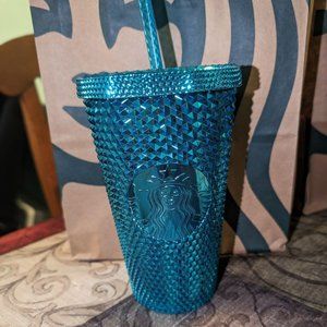 New Starbucks 2023 Blue Chrome Studded Grande 16oz Tumbler with straw